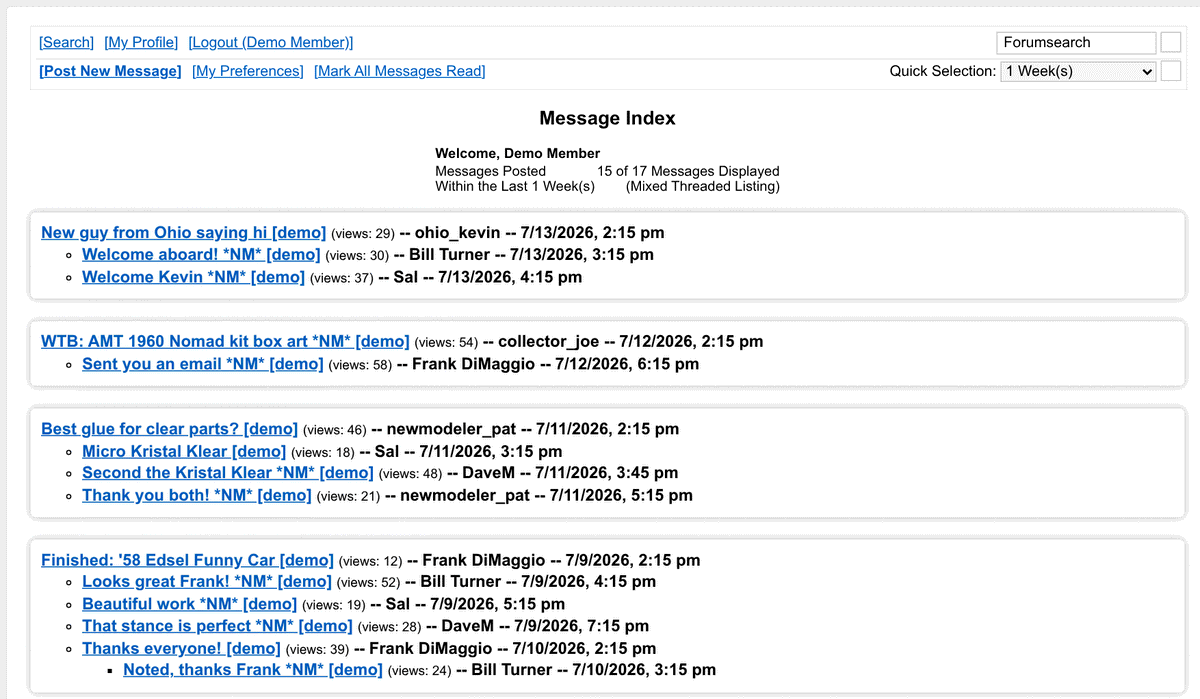 The message board index, looking exactly as it always has